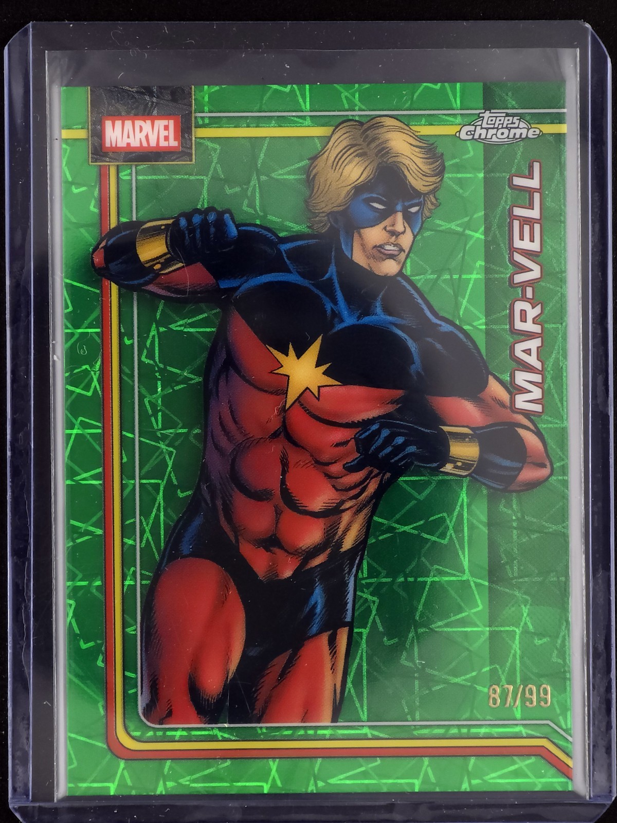 2026 Topps Chrome Marvel Mar-vell rifrattore verde a onde di raggio /99