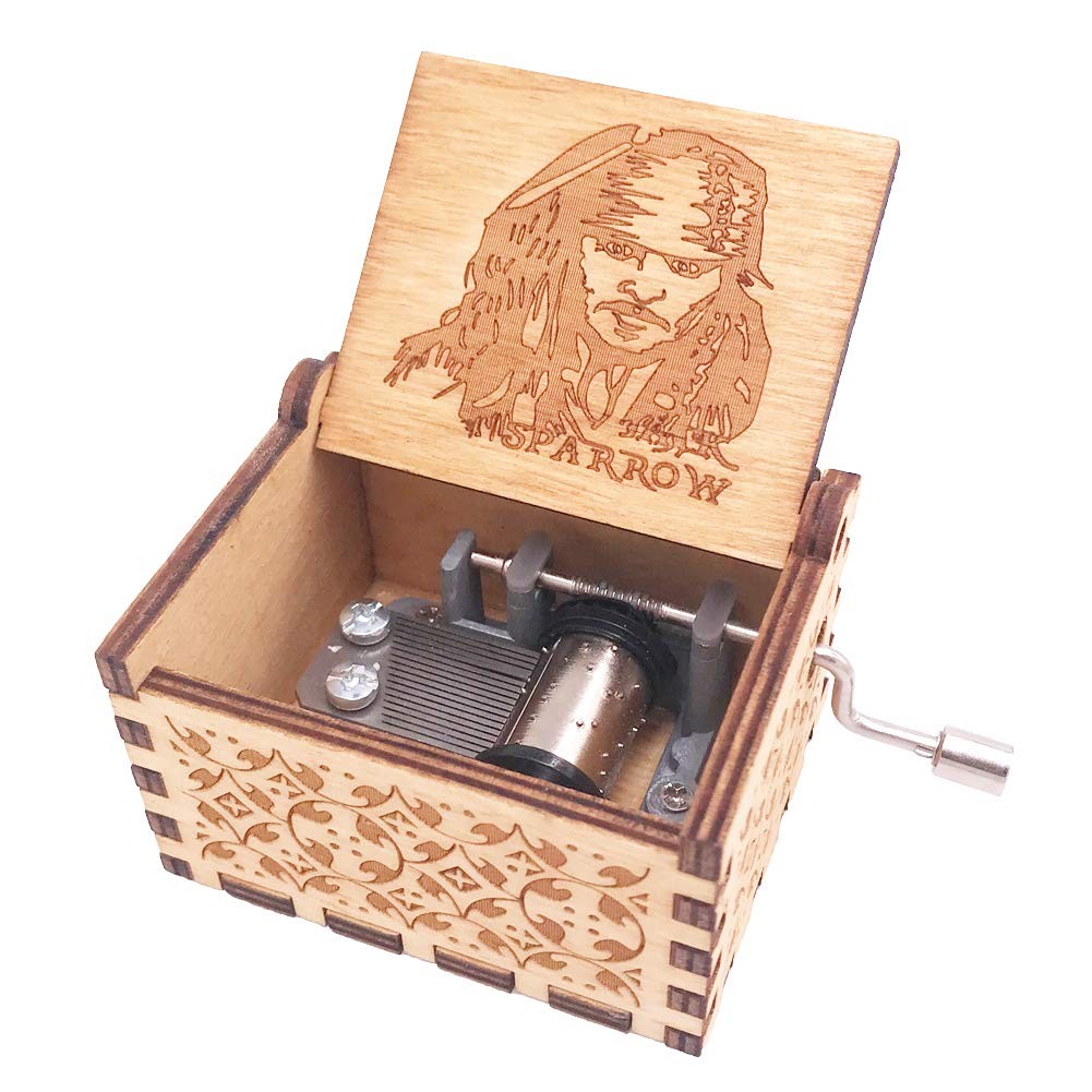 Jack Sparrow Boîte à musique à manivelle en bois sculpté sur le thème de Davy