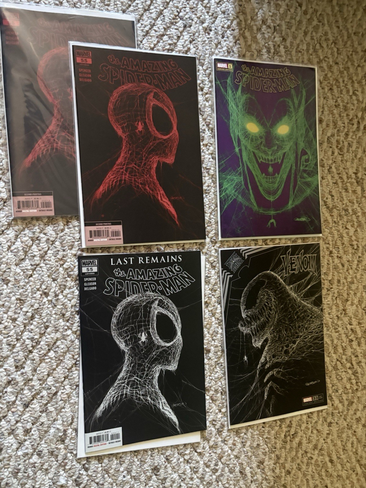 5 Gleason Variants- Spider-Man #55 (1st/2nd print), Spider-Man #1 COA, Venom #55