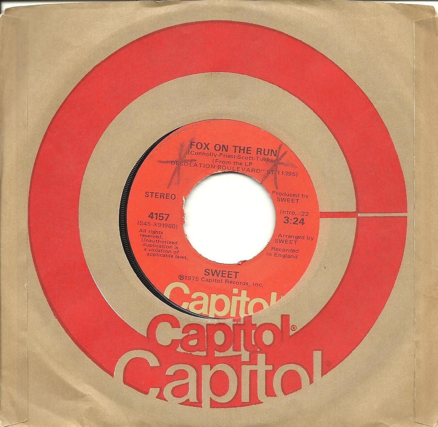 Sweet-Fox On The Run/Burn On The Flame-7"-rock-vinyl-record-Capitol 4157-1975-EX