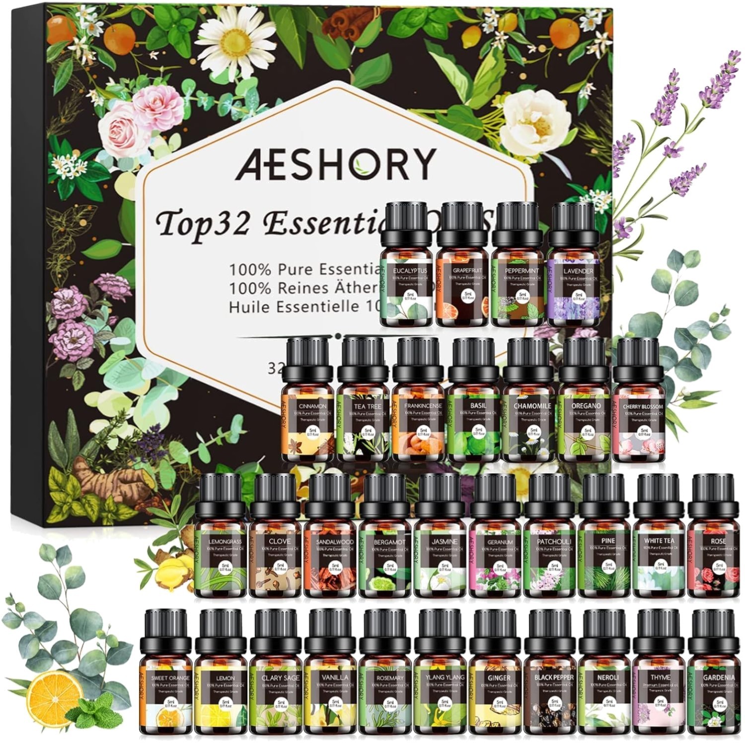 Oli essenziali, aromaterapia, diffusore, umidificatore, set 32 flaconi 5 ml