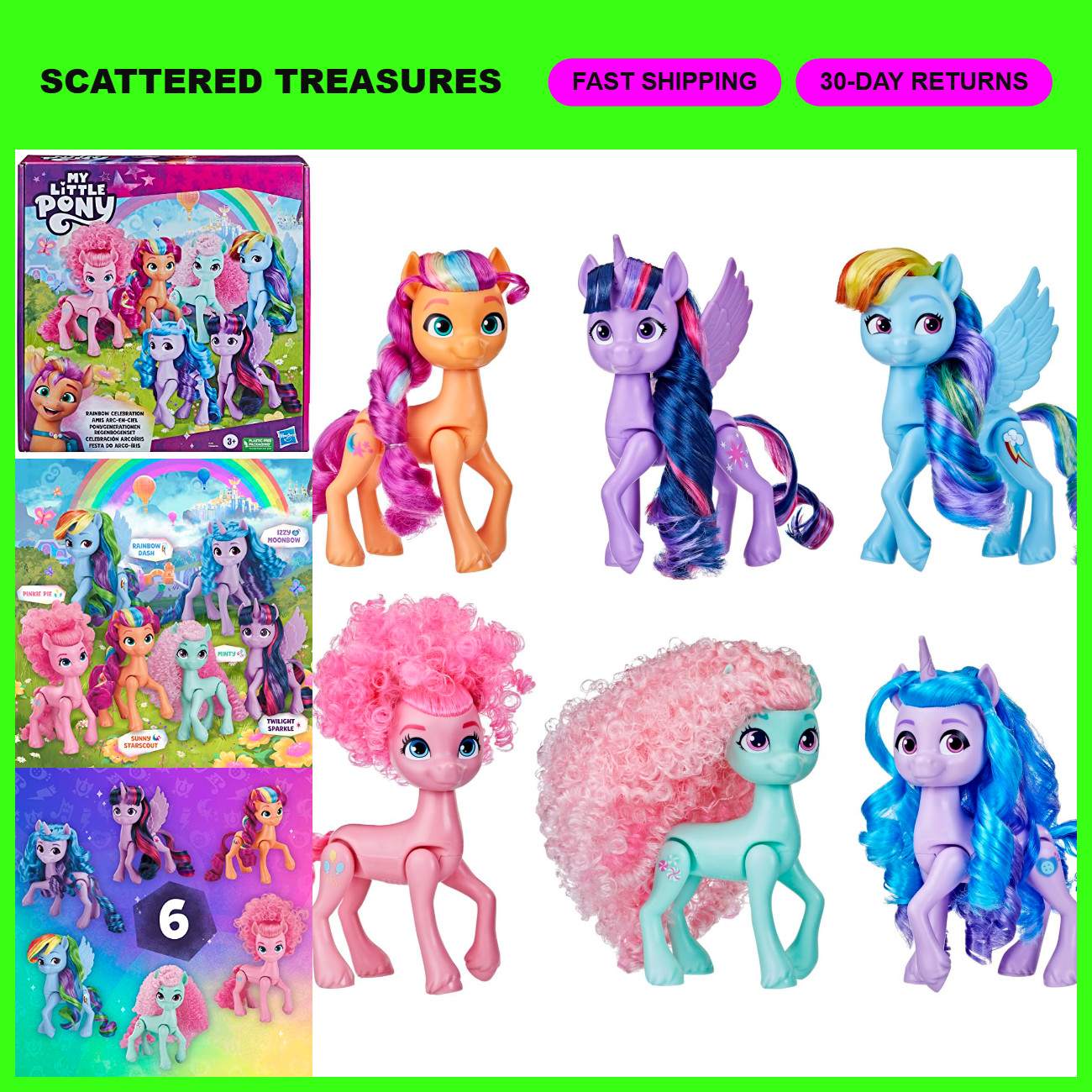 Rainbow Celebration Pony Doll Set - 6 Personaggi, 5,5 Pollici Giocattoli per Bambini, Unicorno G