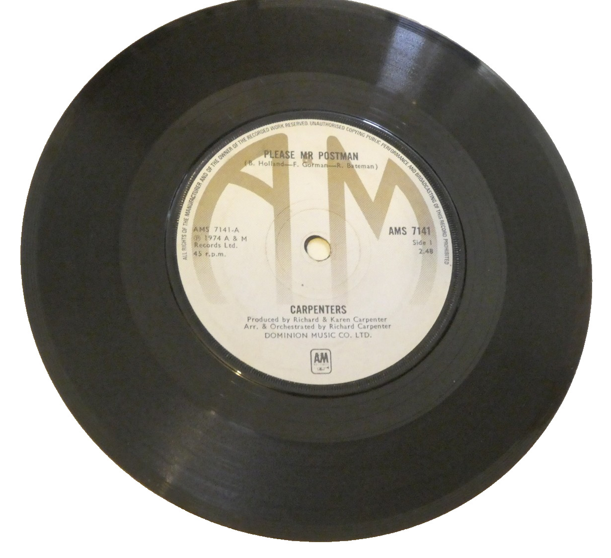 Carpenters Please Mr Postman 45 RPM Vinyl Record VG+ 1974