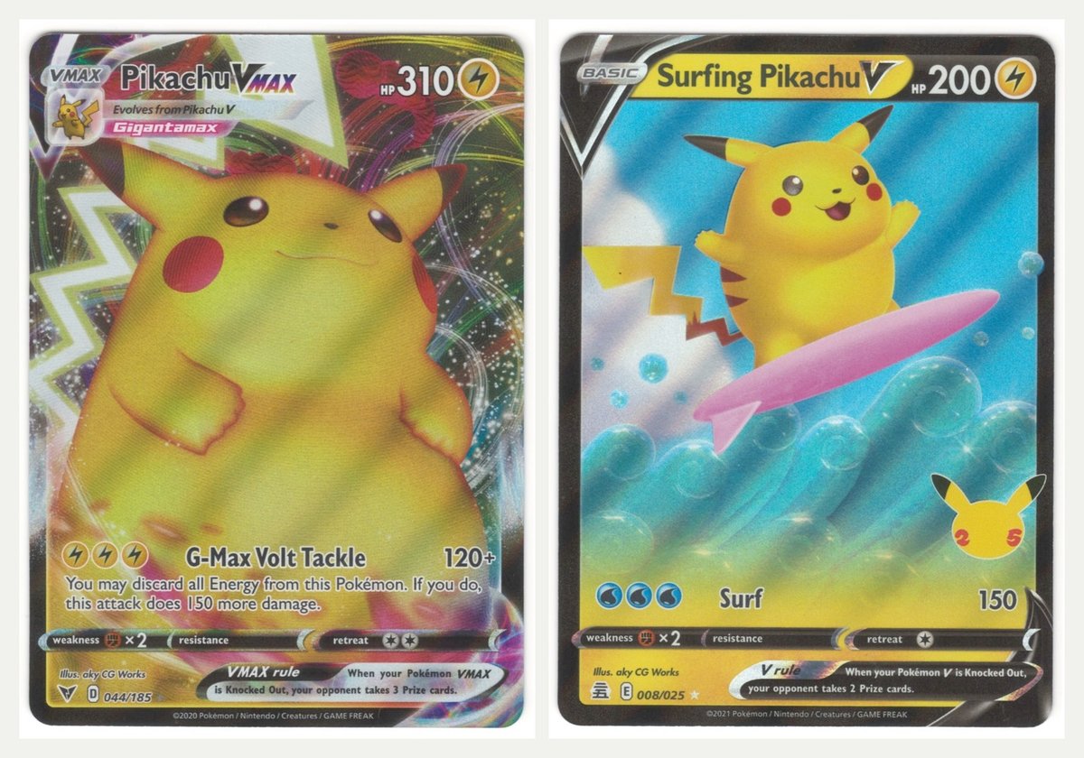 Lotto 2 carte Pikachu VMAX Surfing Pikachu V 044/185 008/025 Pokemon TCG Holo quasi nuove
