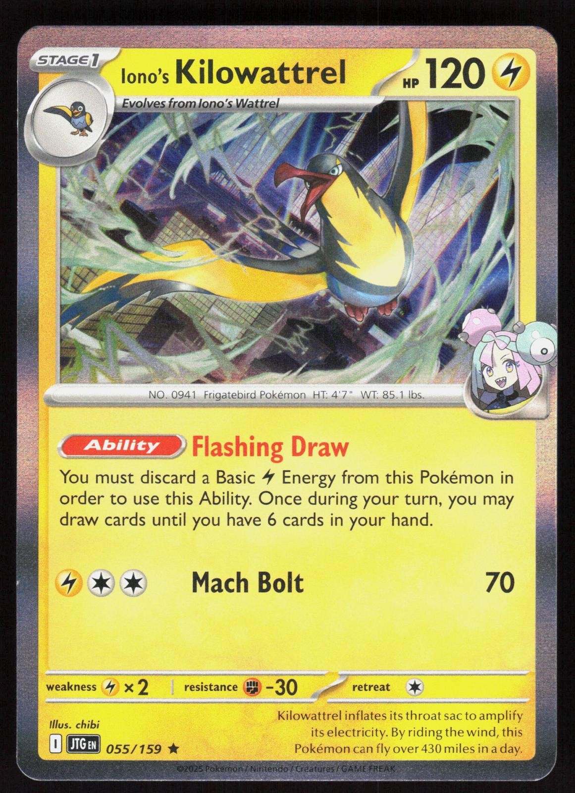 Viaggio Insieme Kilowattrel di Iono 055/159 Raro Pokemon Holo quasi nuovo/m