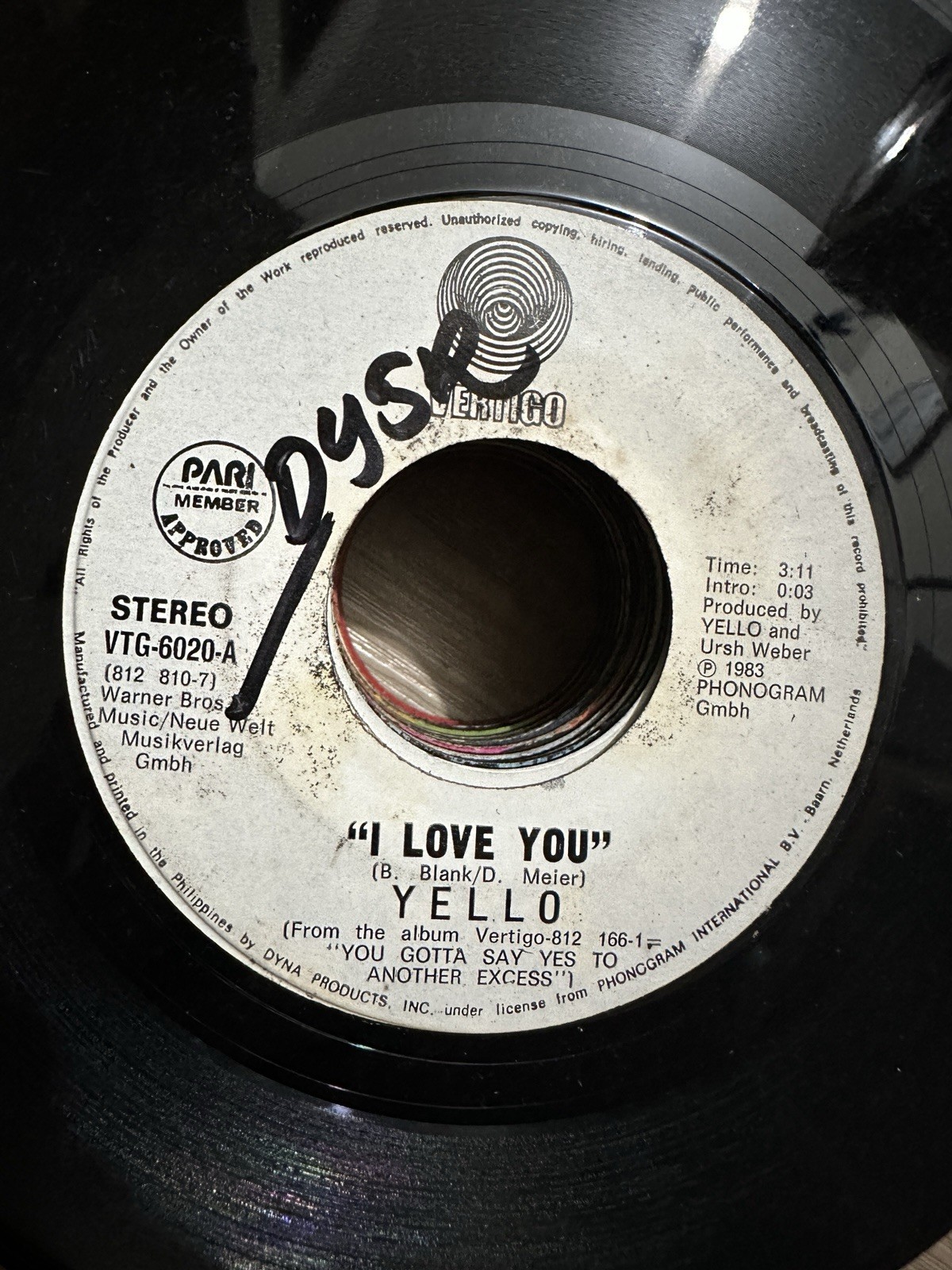 Yello 45 rpm Philippines 7" I Love You