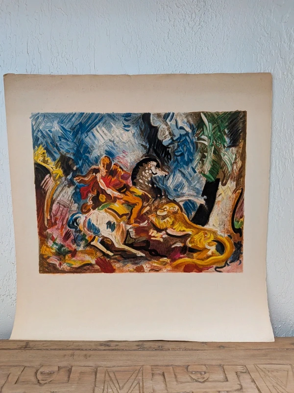 Grande Lithographie Couleurs Scène Mythologique Lion Art Moderne 50x50 cm