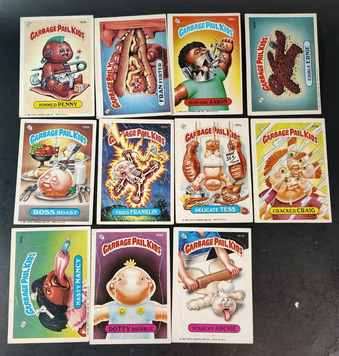 Lotto 11 carte Garbage Pail Kids GPK 1986 5° serie 183-197 Off Center Topps