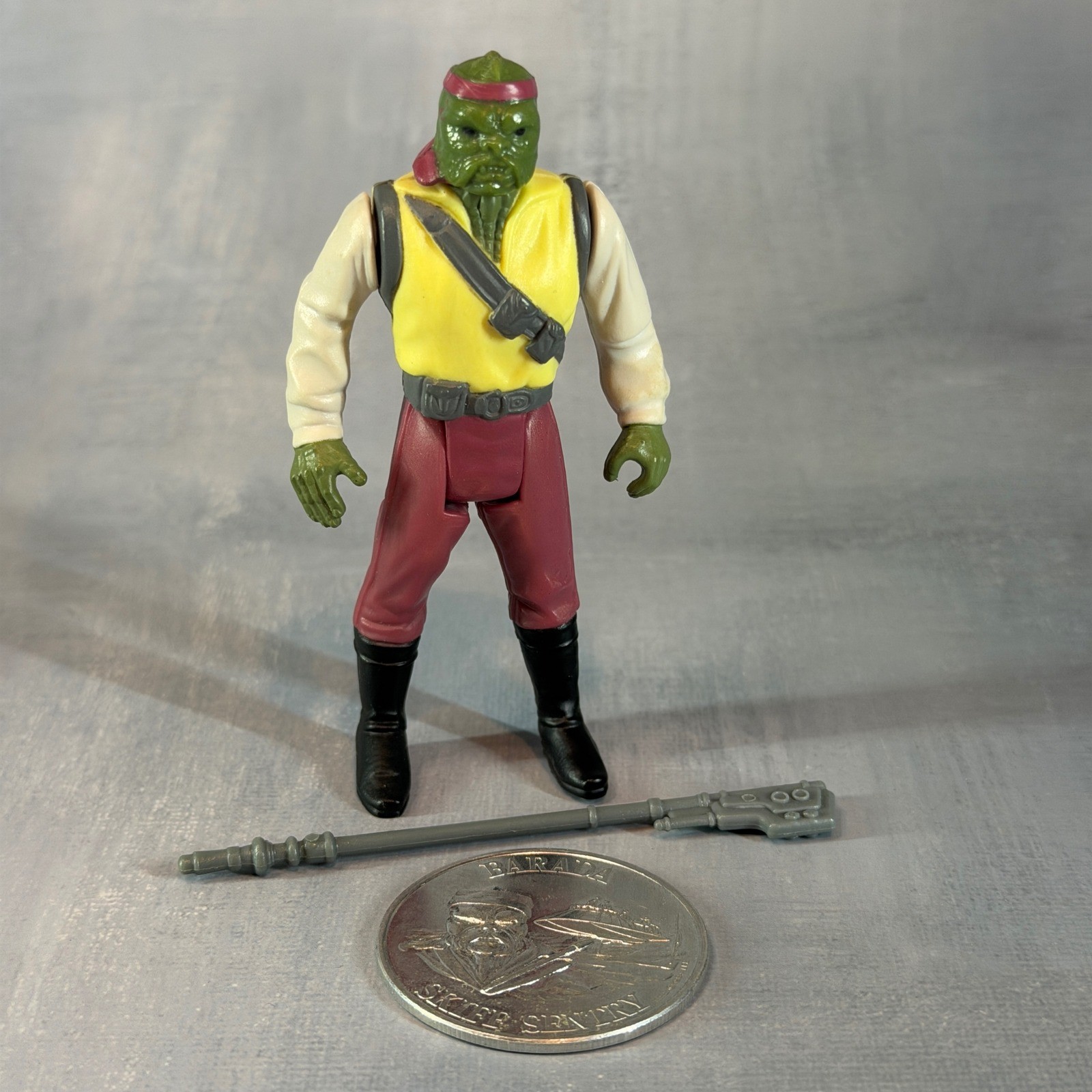 Kenner Star Wars Barada Last 17 vintage 1985 con bastone e moneta completo al 100%