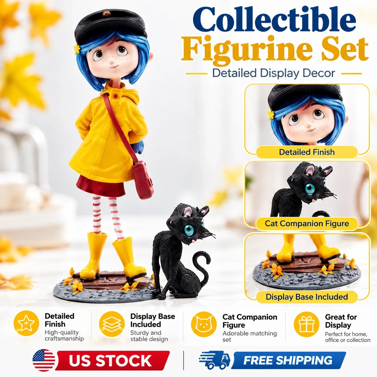 Coraline & Cat Figure Set 20cm PVC Statue Movie Collectible Doll Halloween Gift