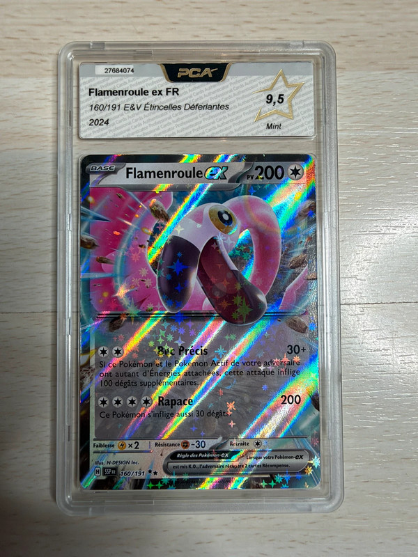 Carte Pokémon Flamenroule ex 160/191 Set Étincelles Déferlantes Série Écarlate & Violet PCA 9,5