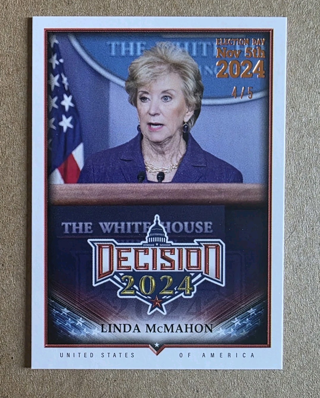 Decisione 2024 Aggiornamento Linda McMahon #220 Bronze Foil Election Day #'d 4/5