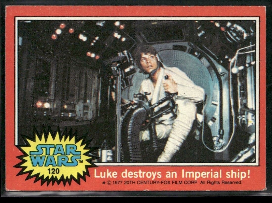 ⭐ 1977 Topps Star Wars Serie 2 Luke Luke distrugge una nave imperiale #120 EX