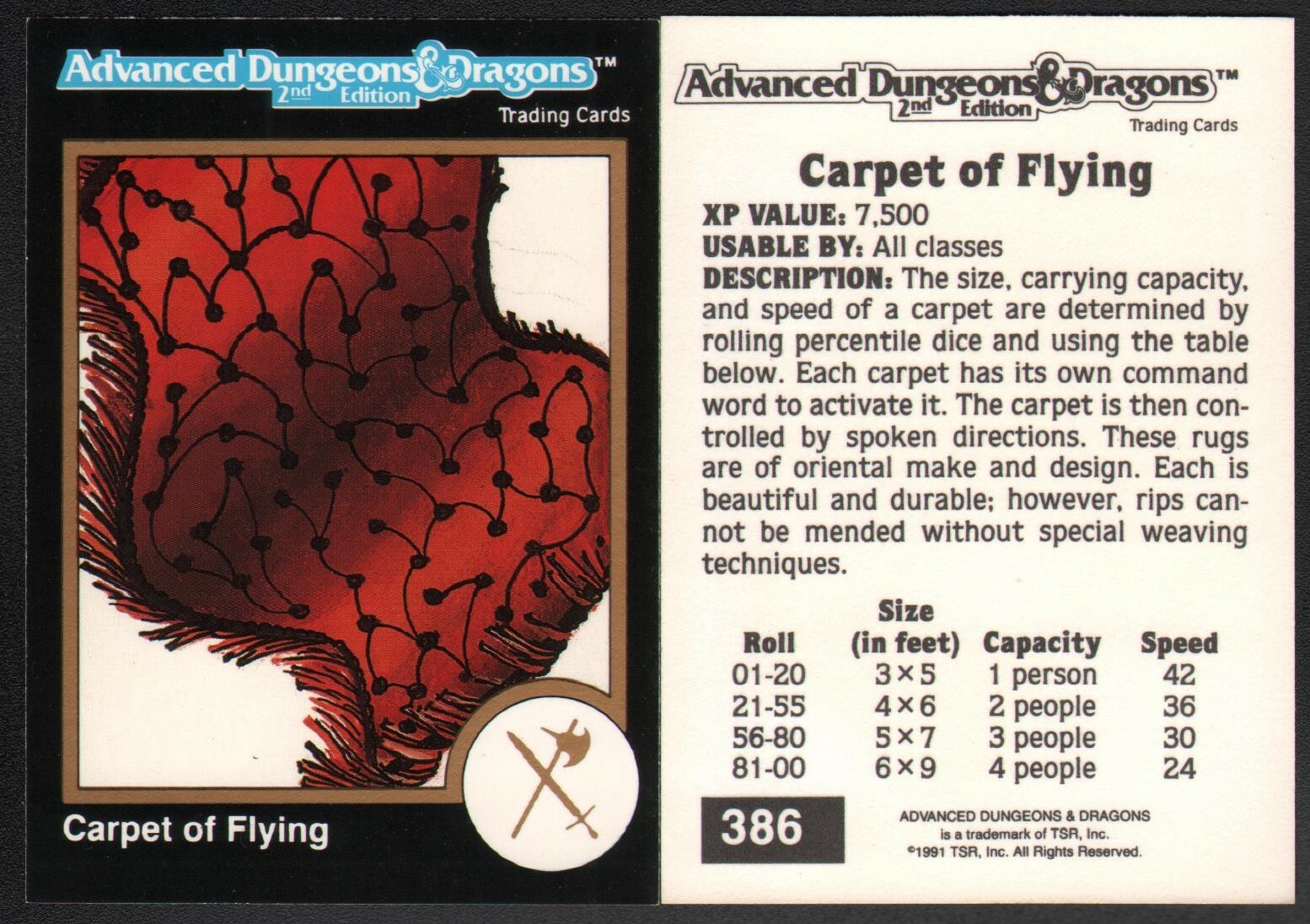 1991 TSR AD&D Gold Border Card #386 Dungeons & Dragons ~ tappeto volante magico