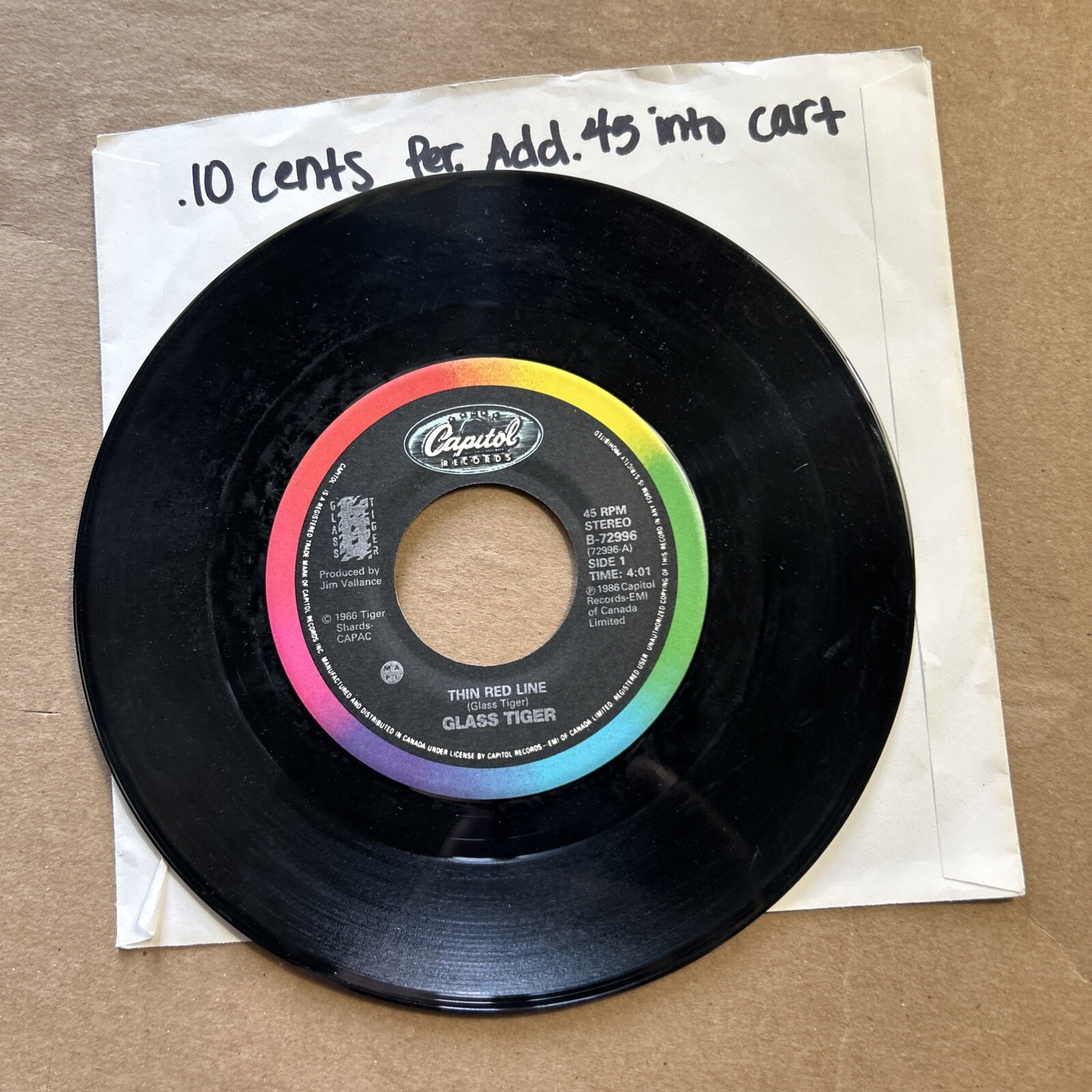 Glass Tiger Thin Red Line/Ecstasy 1986 Capitol Records 45