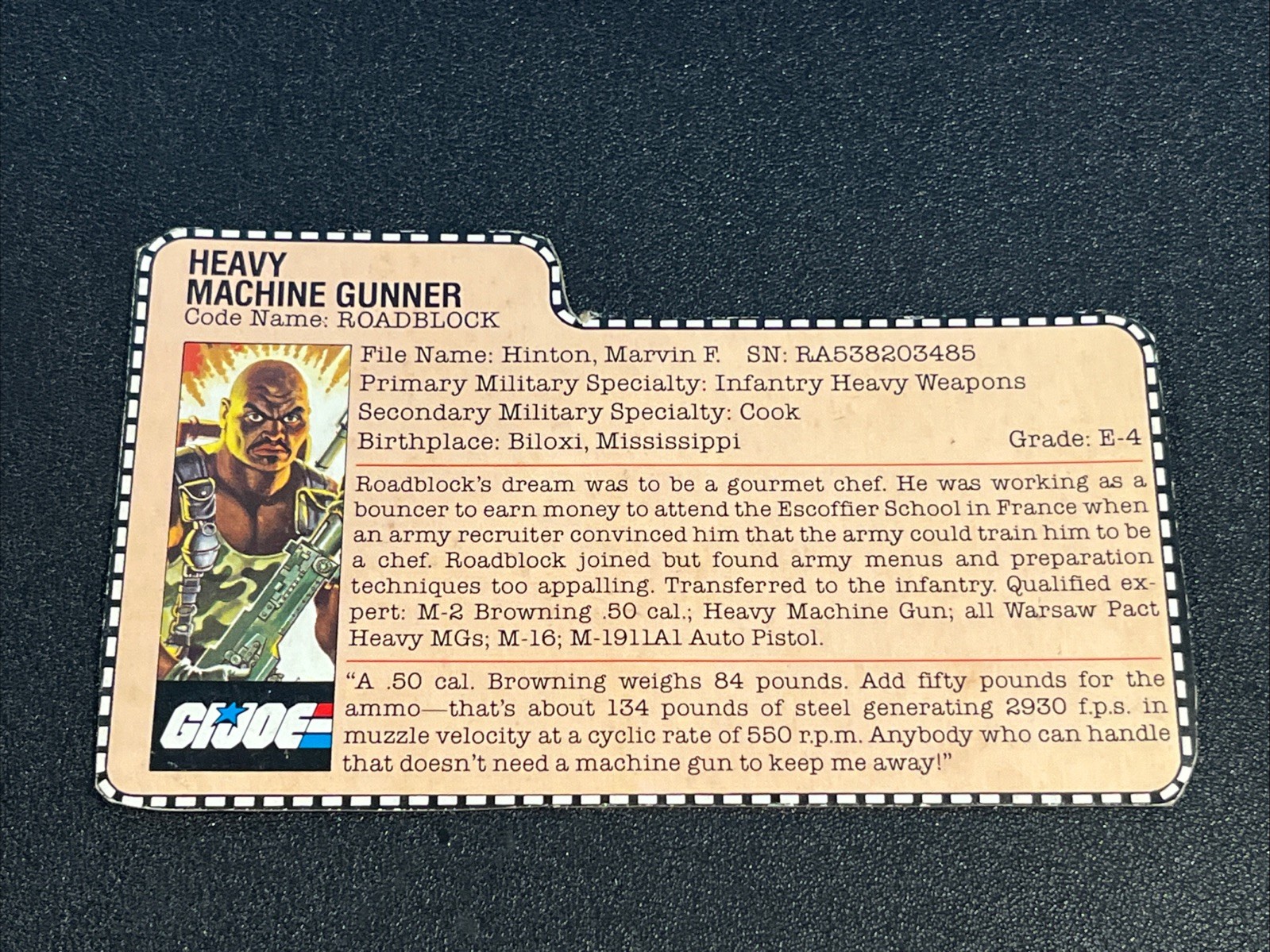 gi joe lot File Card 1984 Roadblock Great Condition Nice Cut Card Minty