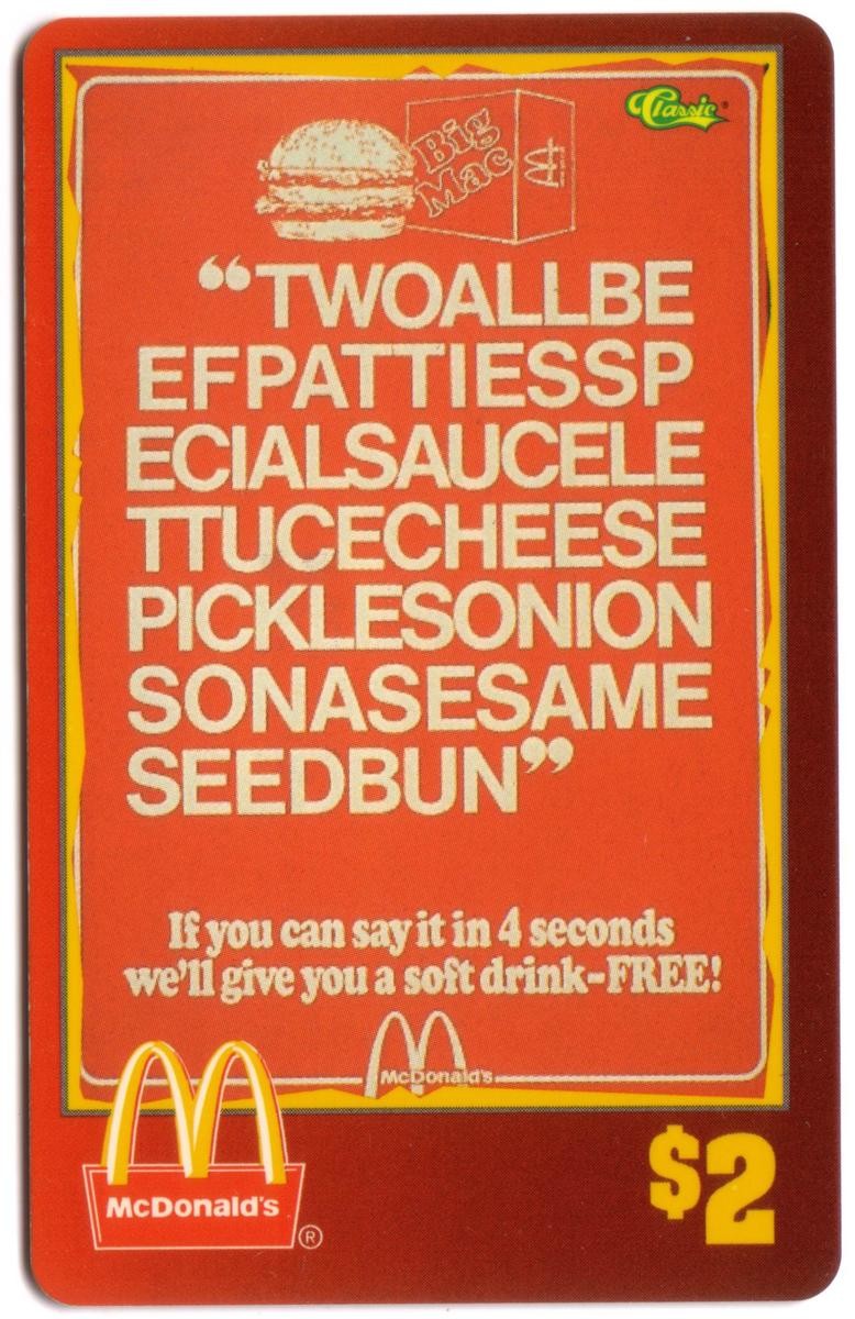 $2. Scheda telefonica McDonald's 1996 TwoAllBeefPattiesSpecialSauce...(#50 di 50) TEST