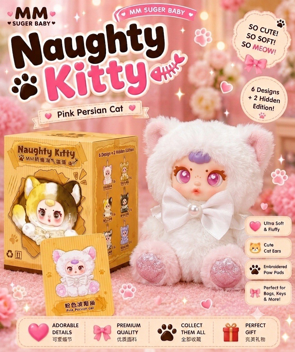 MM SUGER BABY NAUGHTY KITTY PINK PERSIAN CAT PLUSH PENDANT KEYRING NEW