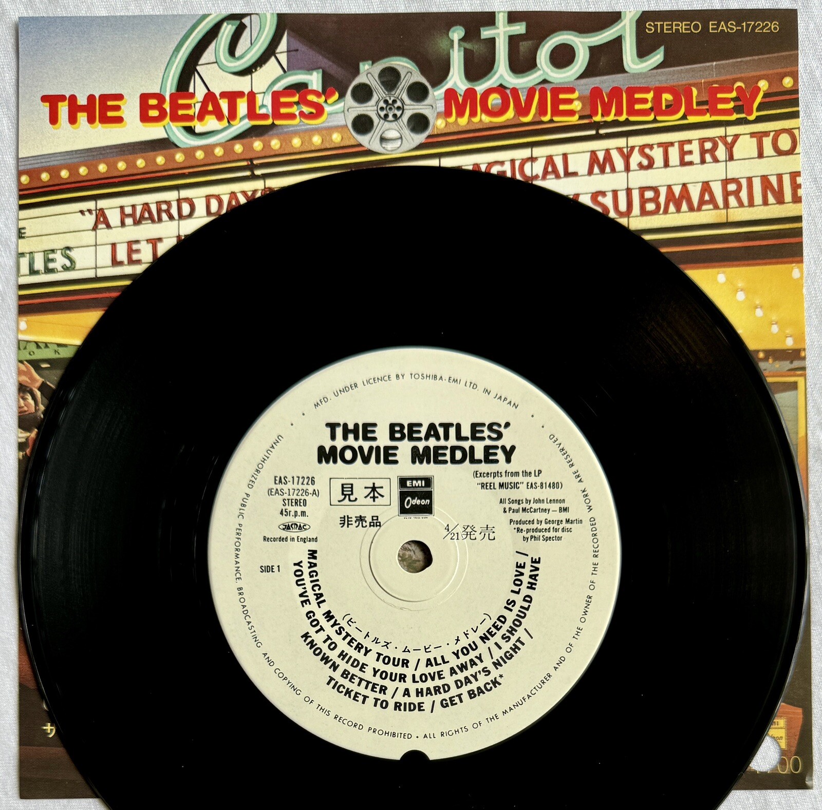THE BEATLES -Movie Medley- 1982 Japan White Label Promo 7” With Picture Insert