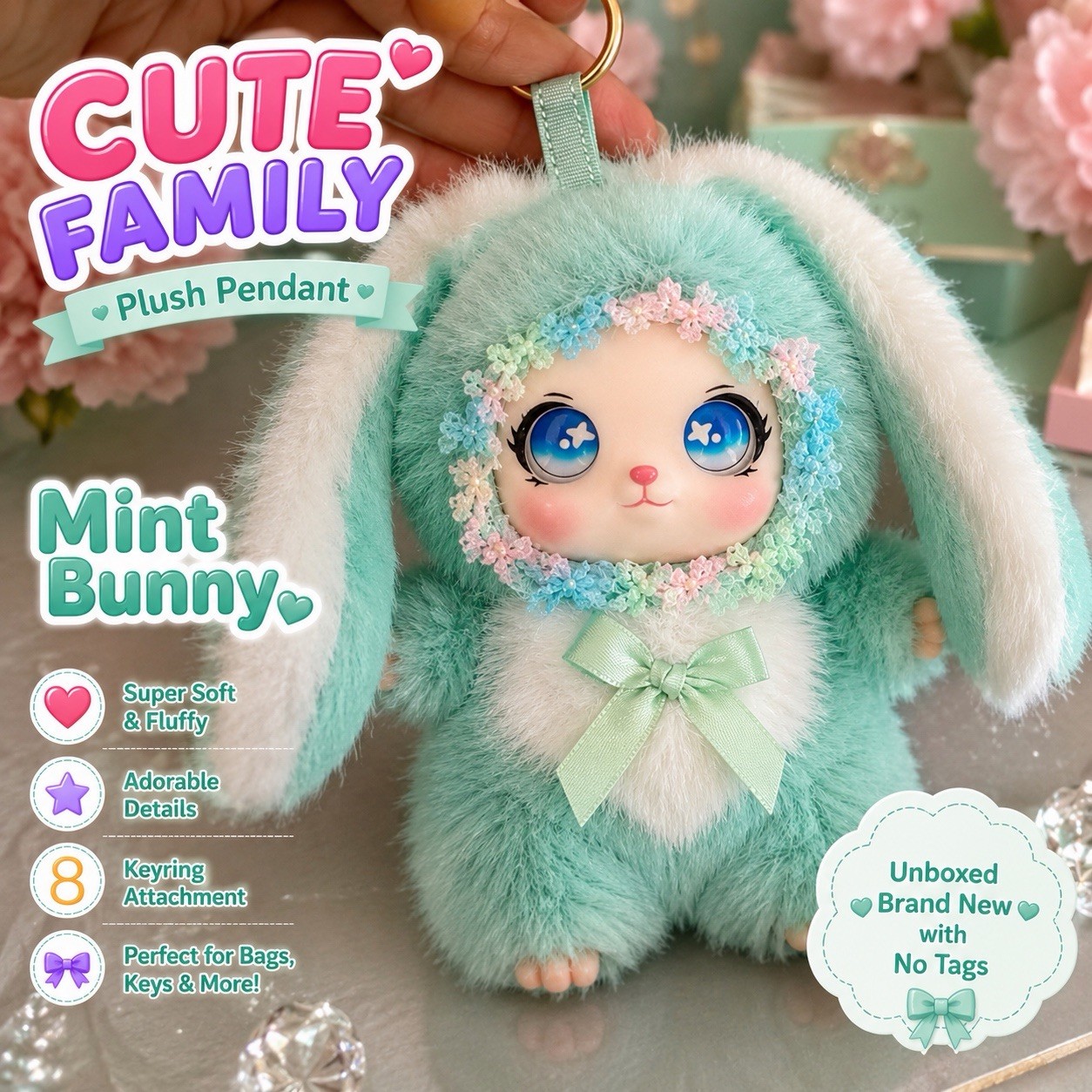 CUTE FAMILY MINT BUNNY PLUSH PENDANT KEYRING PURPLE COLLECTIBLE NEW
