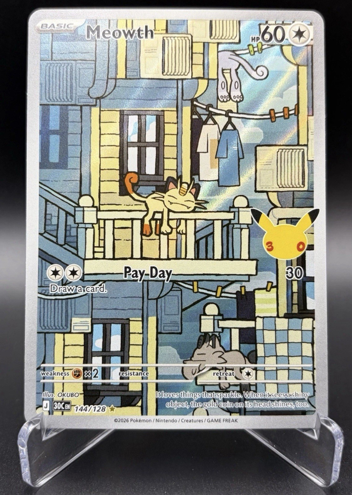 Pokemon TCG Meowth 144/128 Illustration Rare 30th Celebration - Near Mint ✅