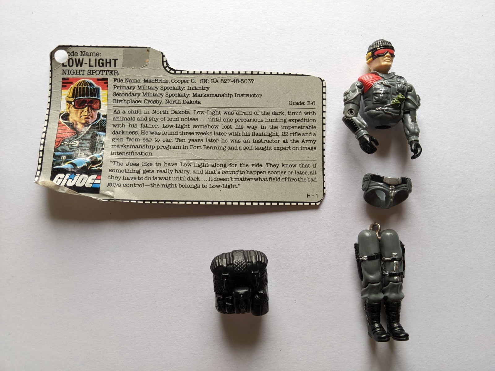 Bassa illuminazione V1 G.I. Figurina Hasbro Joe 1986 con scheda e zaino non completa