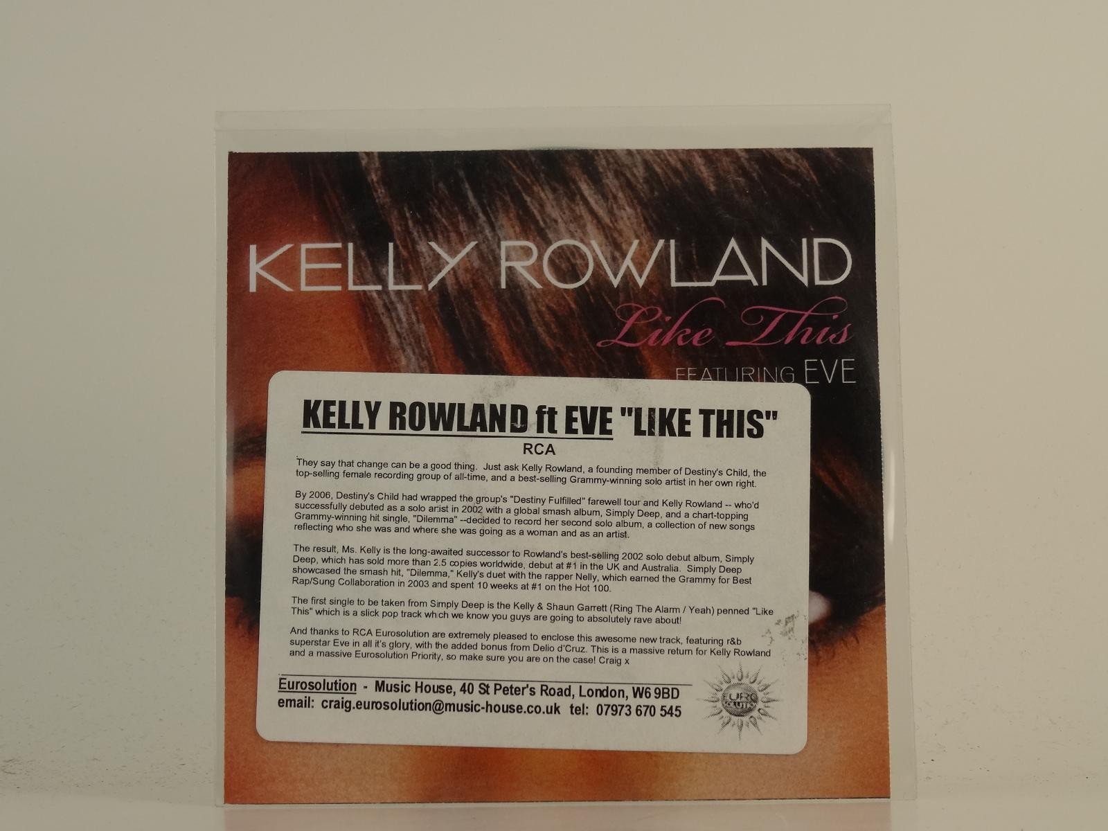 KELLY ROWLAND LIKE THIS (E10) 2 Track Promo CD Single including Picture Sleeve R
