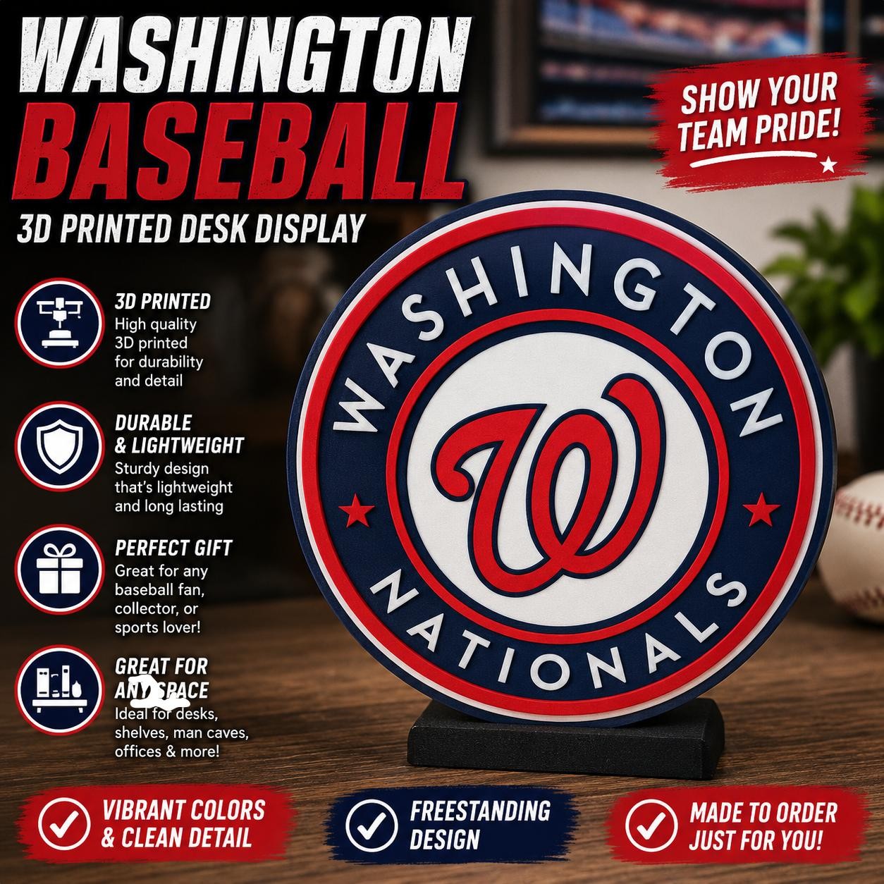 Espositore da scrivania Washington Baseball logo stampato in 3D decorazione uomo ventaglio grotta regalo