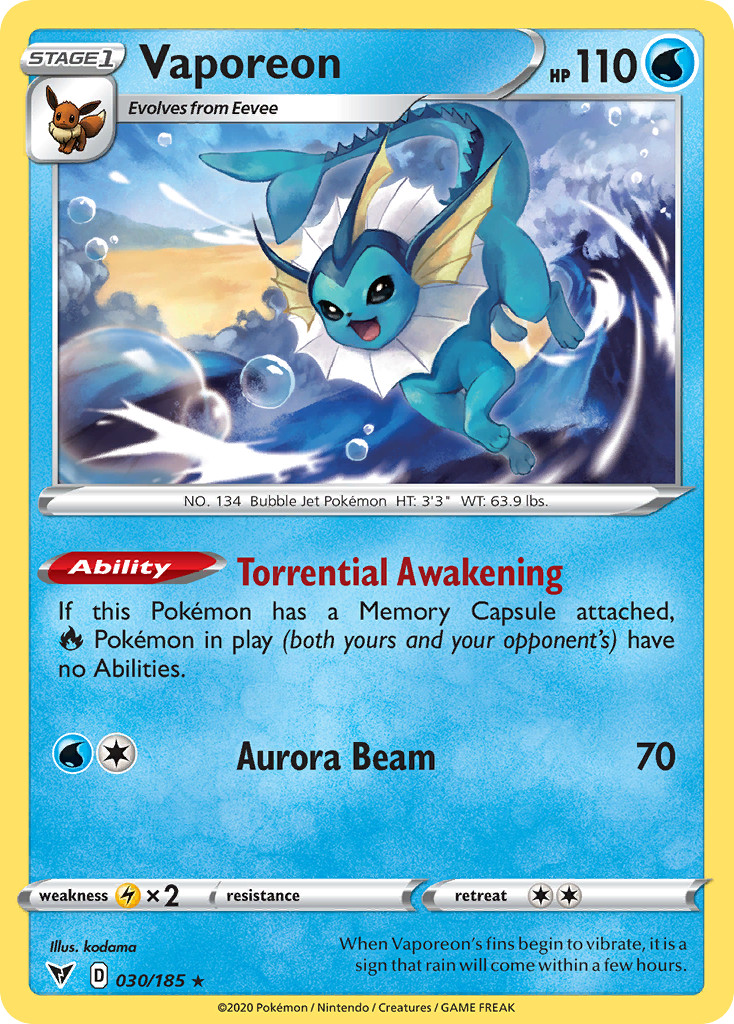 Pokemon Vaporeon 030/185 2020 raro tensione vivida quasi come nuovo