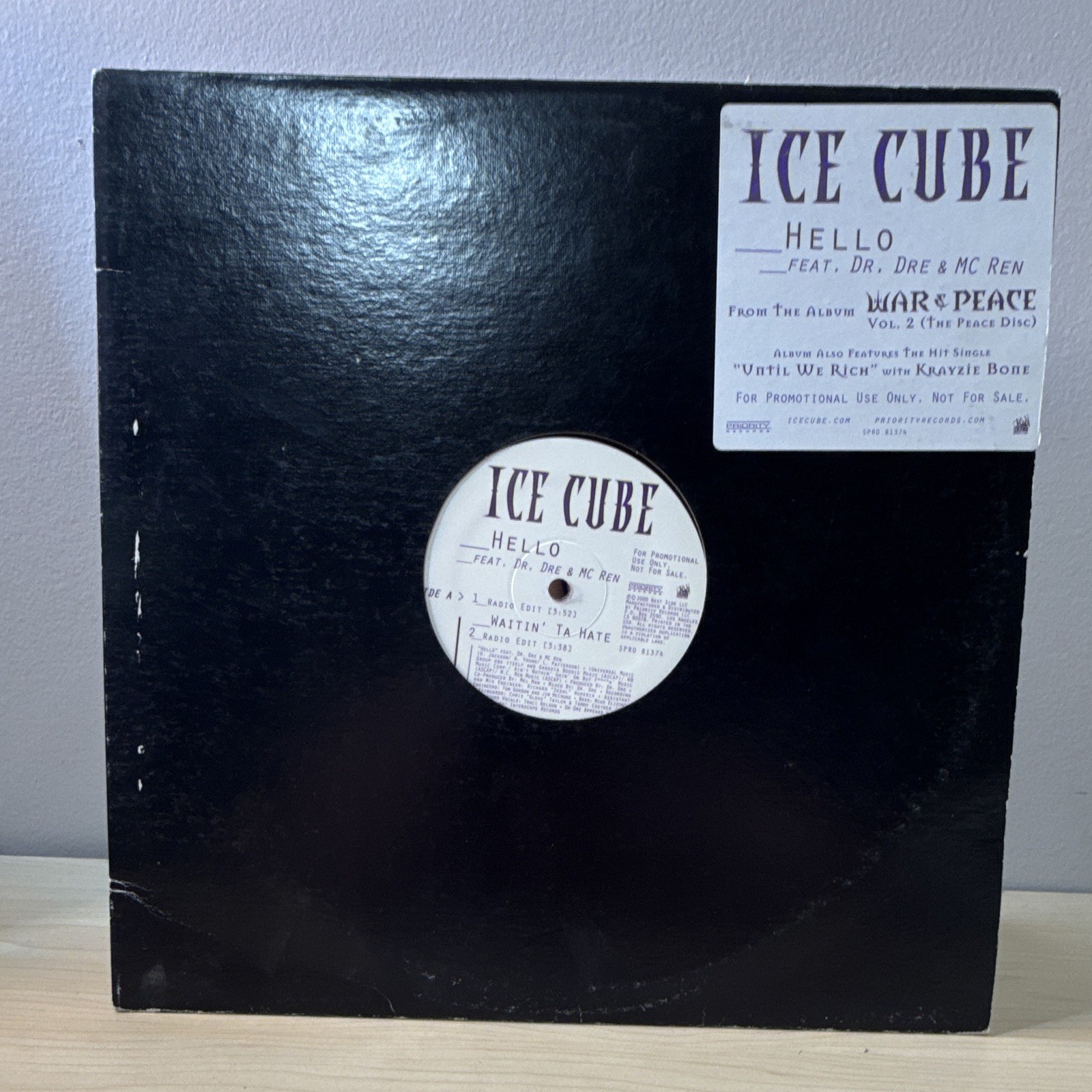 Ice Cube feat. Dr. Dre and MC Ren Hello 12” single Priority 2000 Purple Vinyl VG
