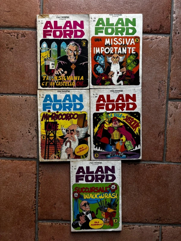 Alan Ford Anno VII 1975 lotto 5 albi originali L.250 L.300 - n.71 75 76 77 78 - prezzo ad albo