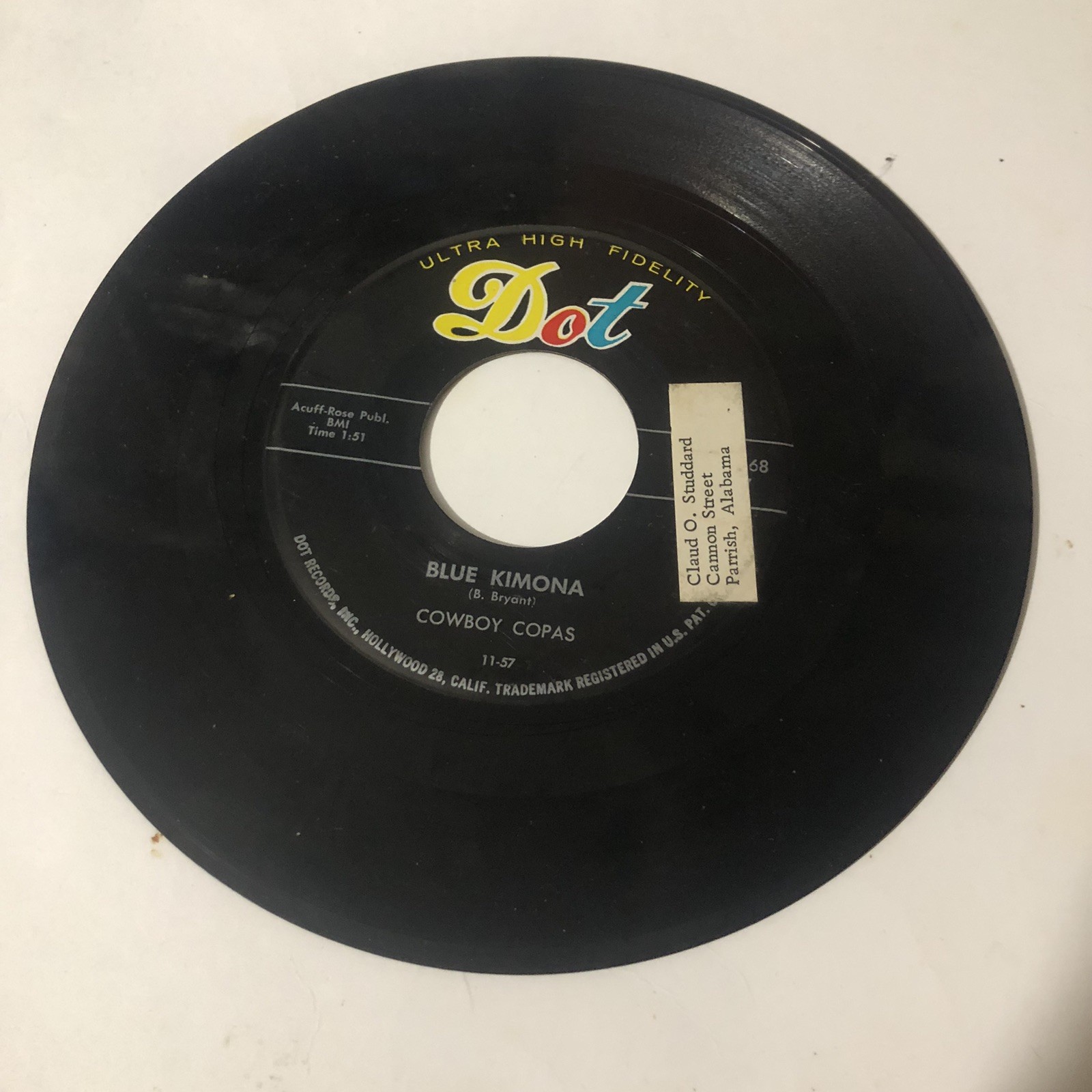 Cowboy Copas Blue Kimona 45 Vinyl Record Dot Records