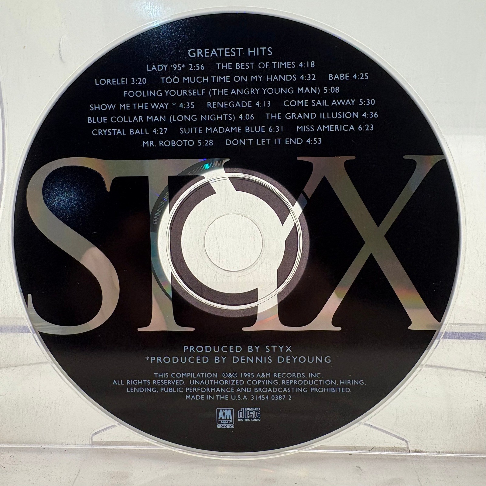 Styx Greatest Hits CD 1995 A&M Records 31454 0387 2 Mr. Roboto Come Sail Away