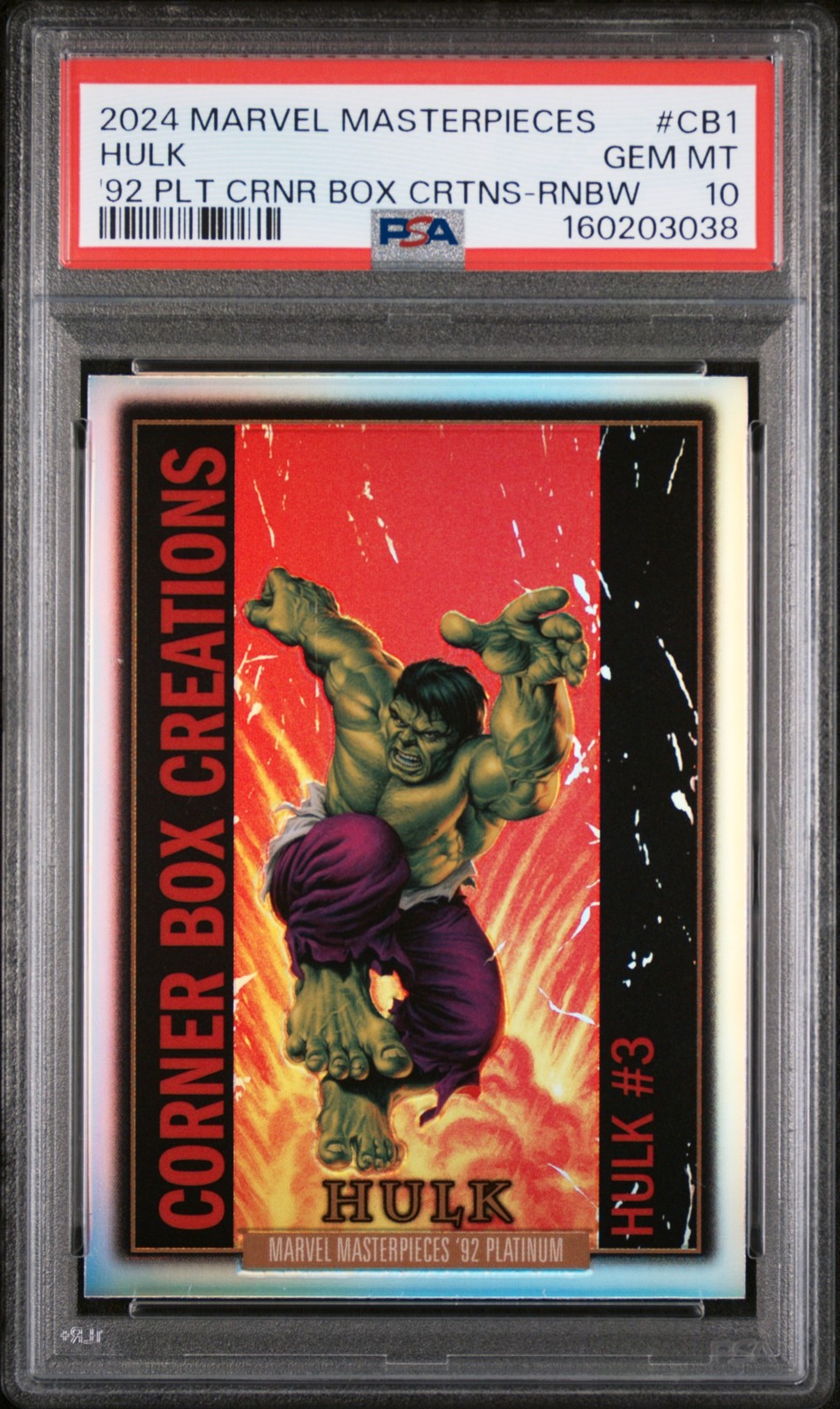 2024 UD MARVEL MASTERPIECES '92 PLATINUM CORNER BOX CREAZIONI #CB1 HULK PSA 10