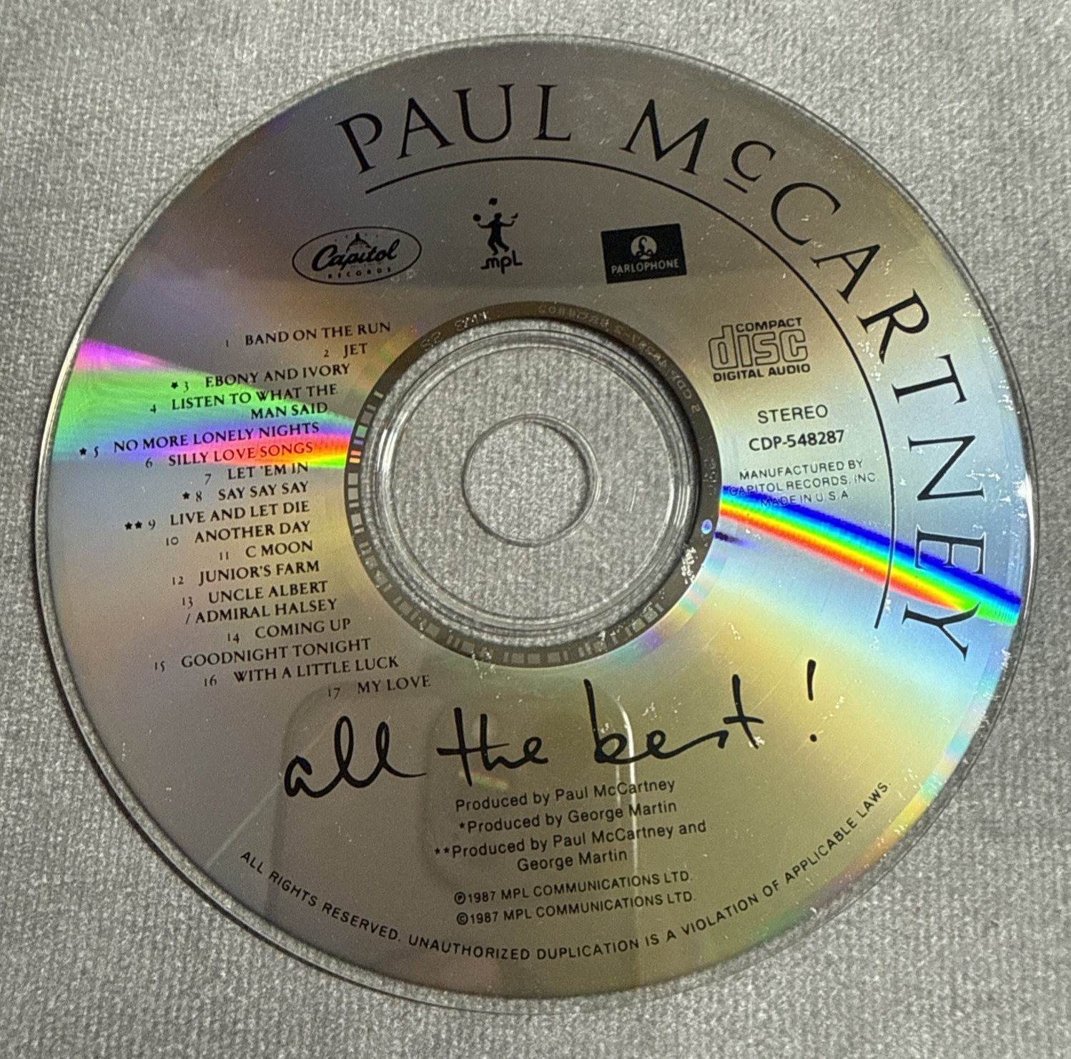 Paul McCartney All The Best CD 1987 Capitol Band On The Run Jet Wings Disc Only