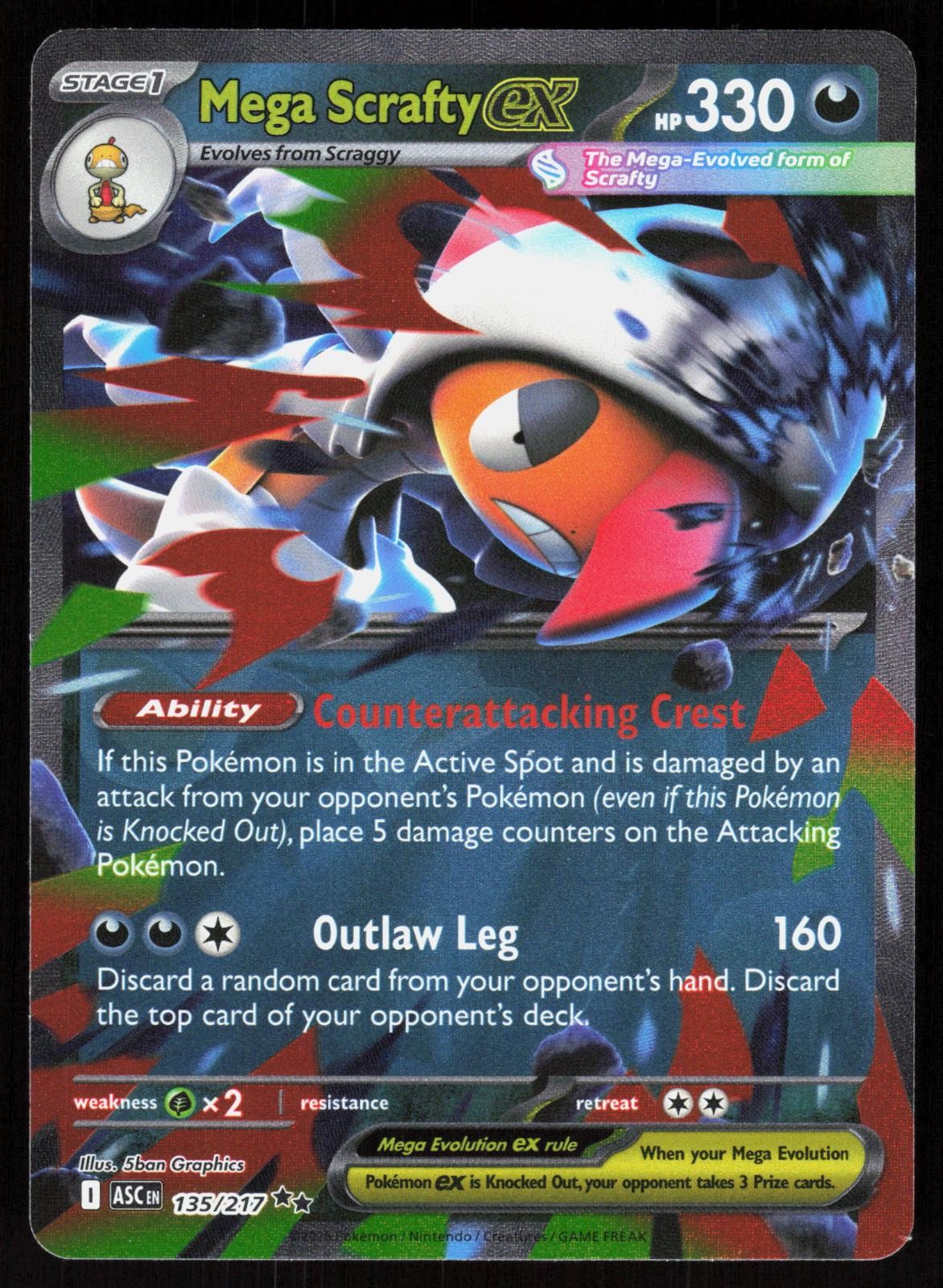 Ascended Heroes Mega Scrafty ex 135/217 Doppio Raro Pokemon Holo Nuovo con scatola/M