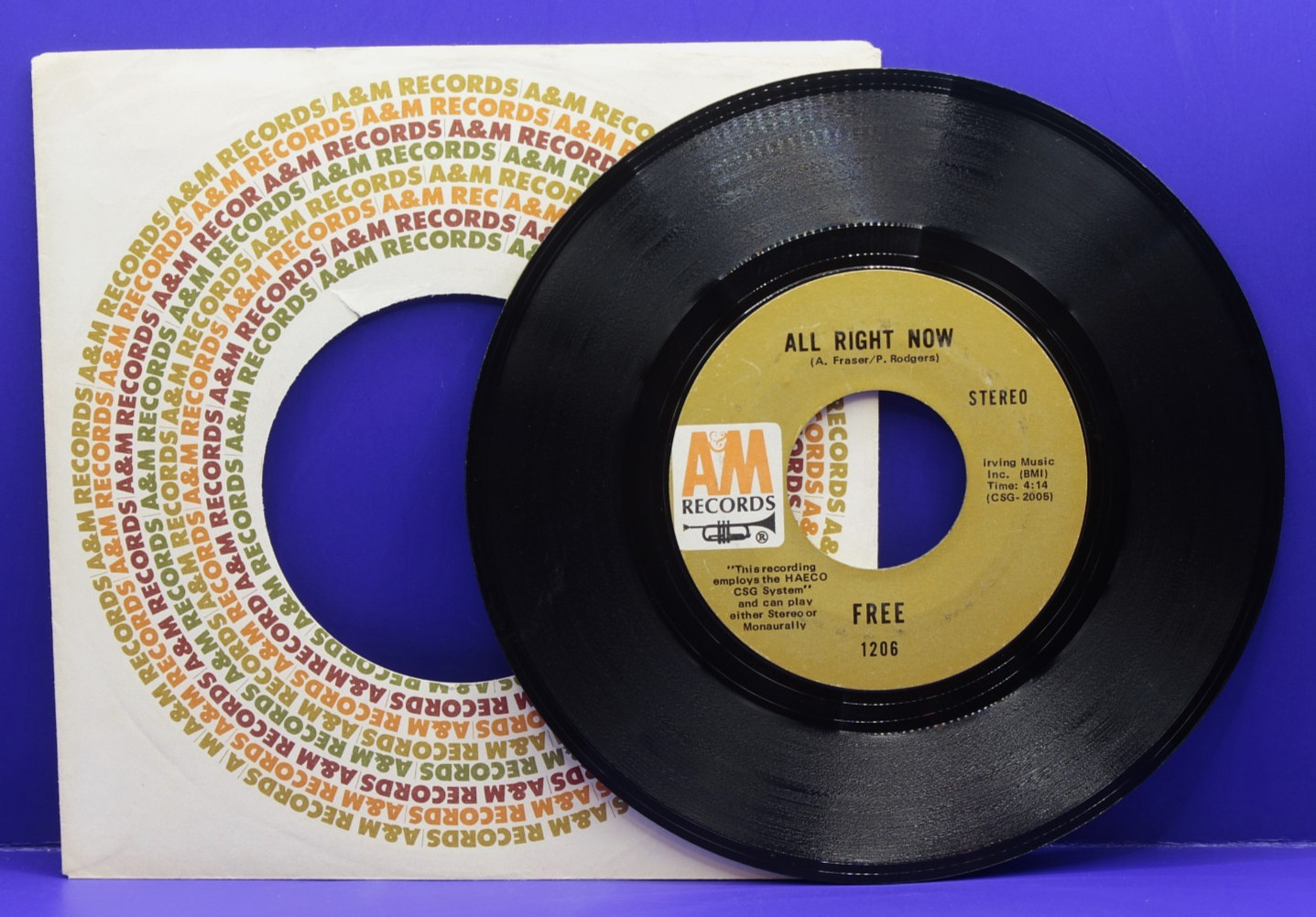 FREE  All Right Now  45 RPM  A&M 1206  NEAR MINT+