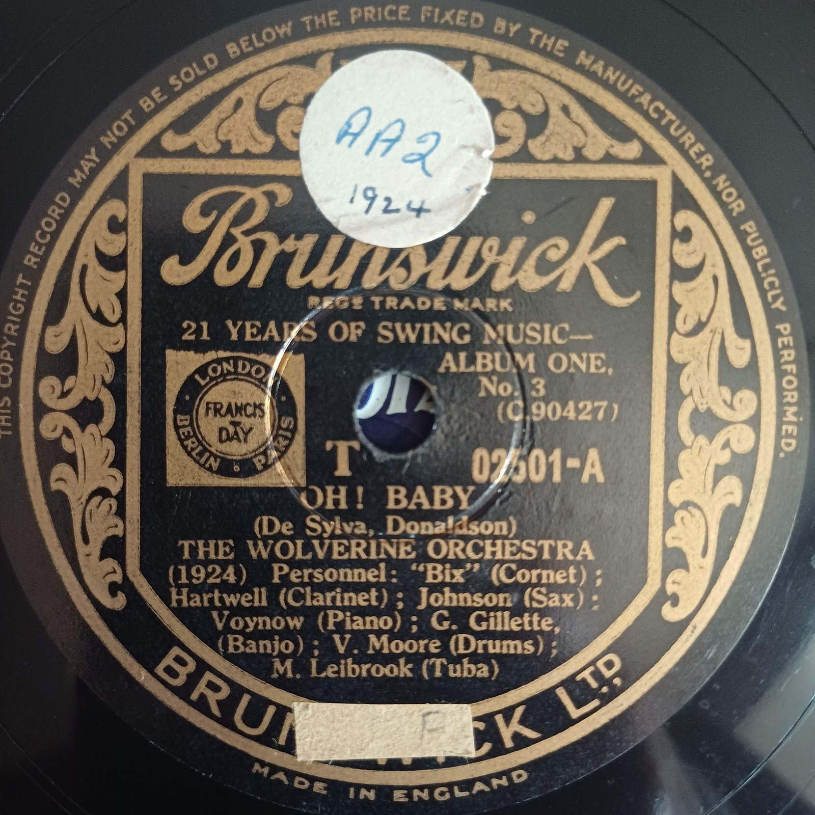 THE WOLVERINE ORCHESTRA Oh! Baby BRUNSWICK 02501 10" 78RPM Gramophone Record