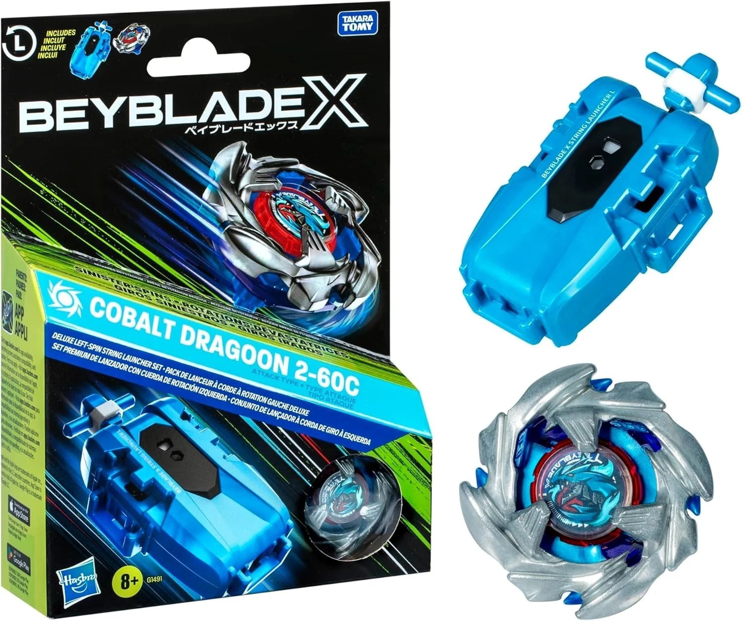 Beyblade X COBALT DRAGON 2-60C Deluxe Left Spin String Launcher set Hasbro G1491