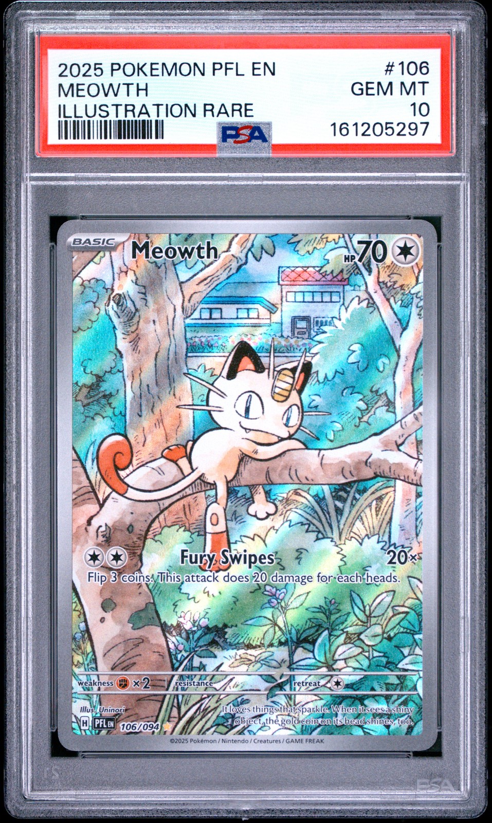 2025 POKEMON PFL EN-FIAMME FANTASMALI ILLUSTRAZIONE RARA #106 MEOWTH PSA 10