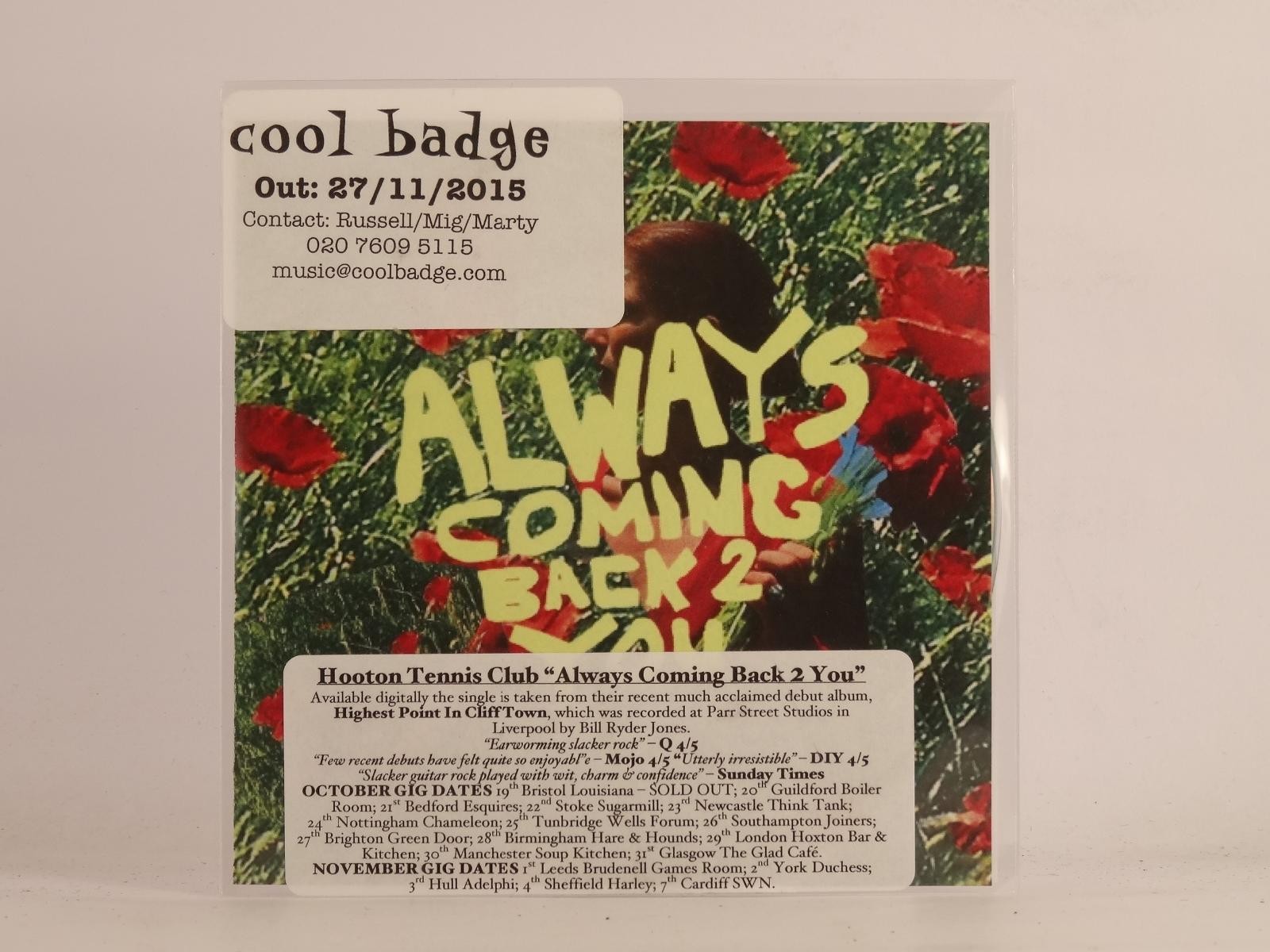 HOOTON TENNIS CLUB ALWAYS COMING BACK 2 YOU (RADIO EDIT) (E38) 1 Track Promo CD 