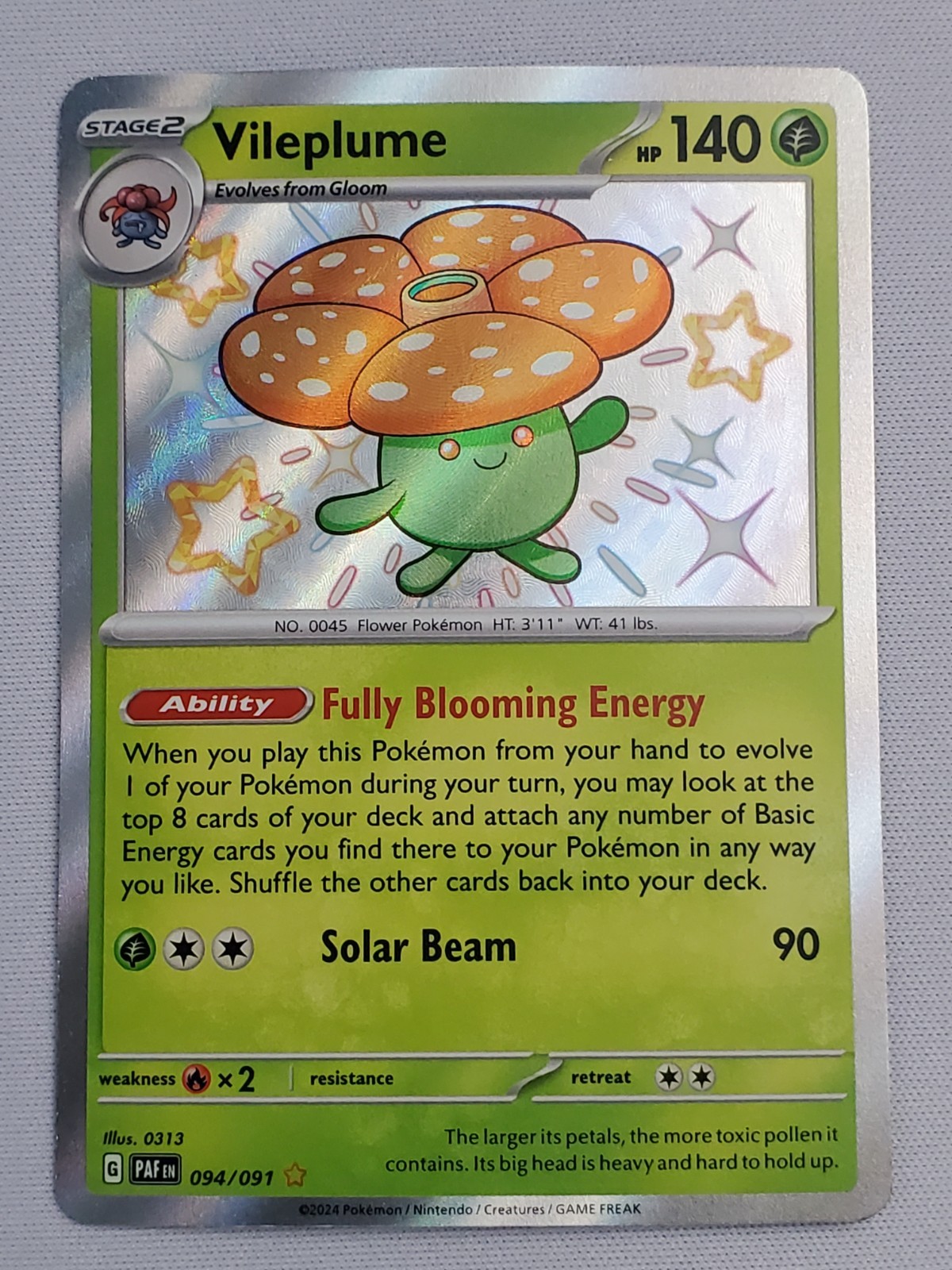 Vileplume 094/091 Shiny Rare Paldean Fates Pokemon Holo quasi nuovo