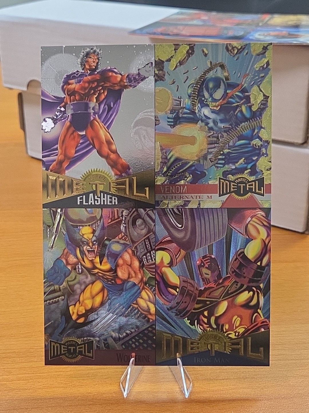 Fogli di carte collezionabili promozionali Fleer Marvel metallo non tagliato Wolverine Venom IronMan