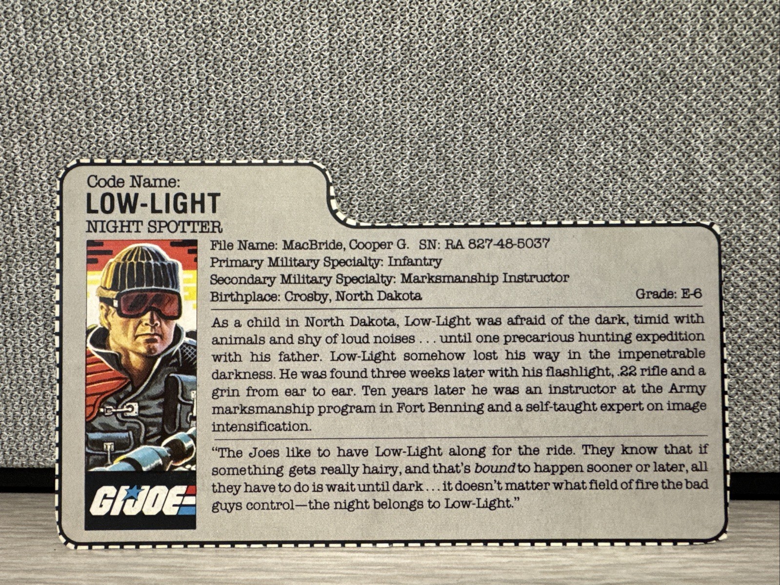 GI Joe Low Light 1986 File Card ARAH