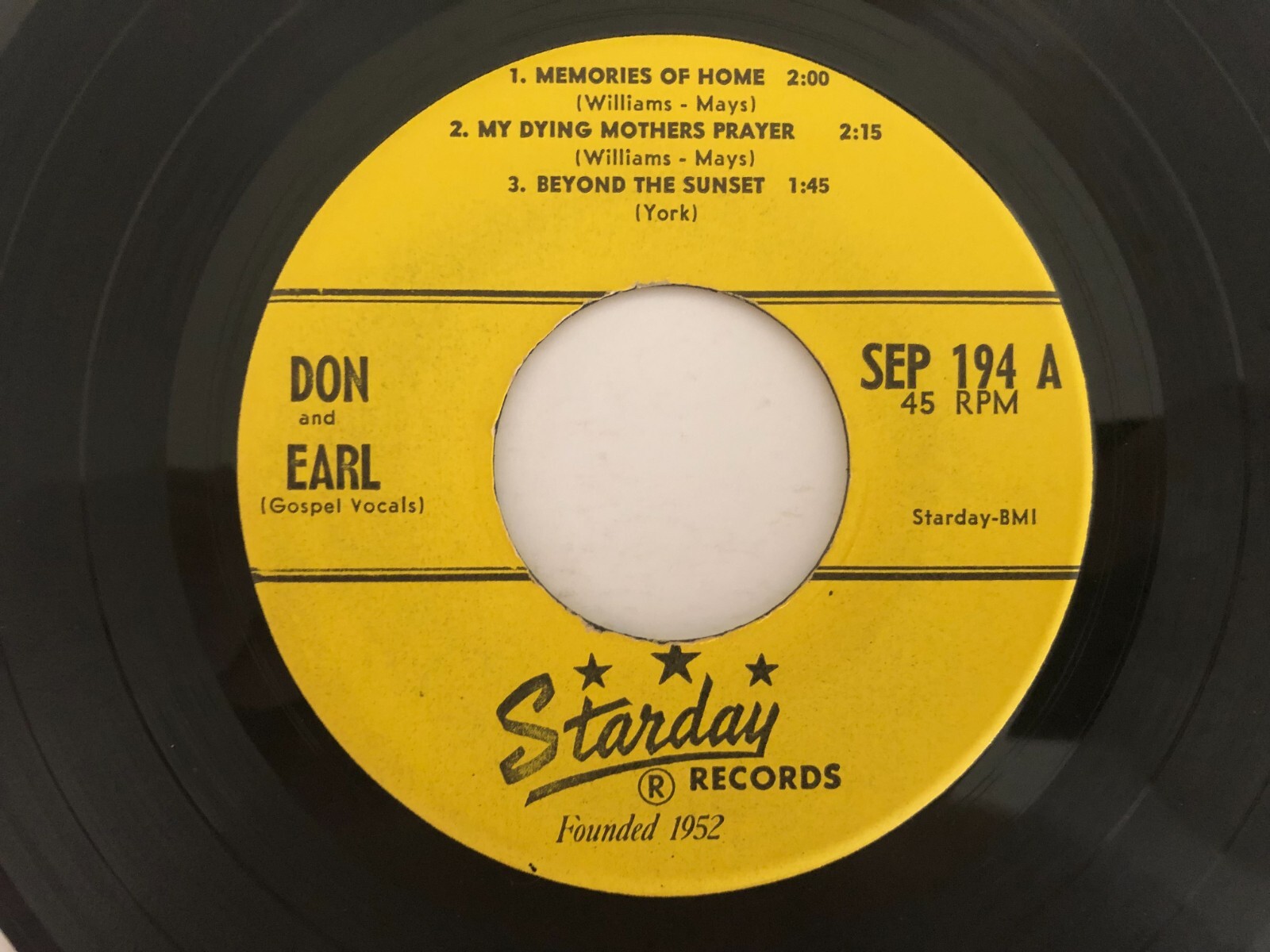 Country Gospel 45 DON & EARL Memories Of Home STARDAY hear
