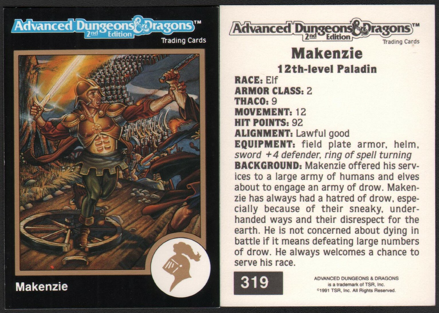 1991 TSR AD&D Gold Border RPG Fantasy Art Card #319 Dungeons & Dragons ~ Paladino