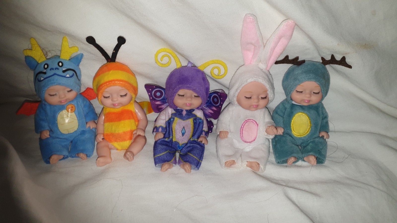 4" Sleeping Baby Doll Animal Costume Figure Lot Bundle Mini - Dragon, Butterfly