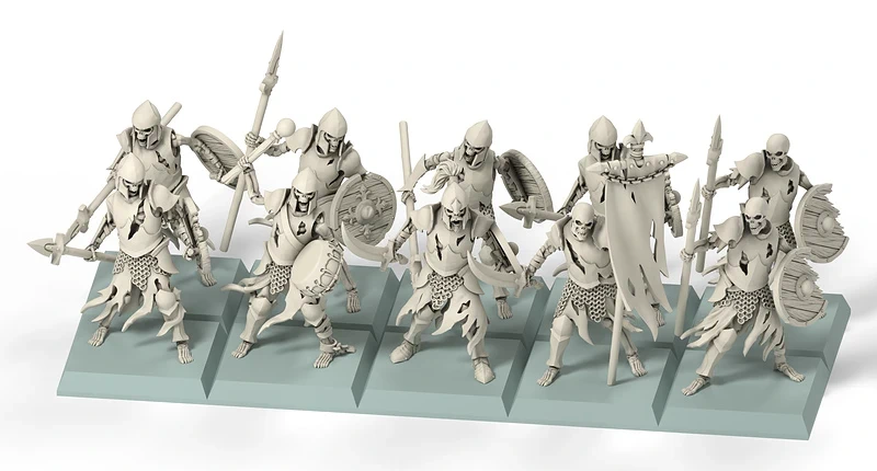 10 Esqueletos con Lanza y Escudo con Mando Beholder 32mm