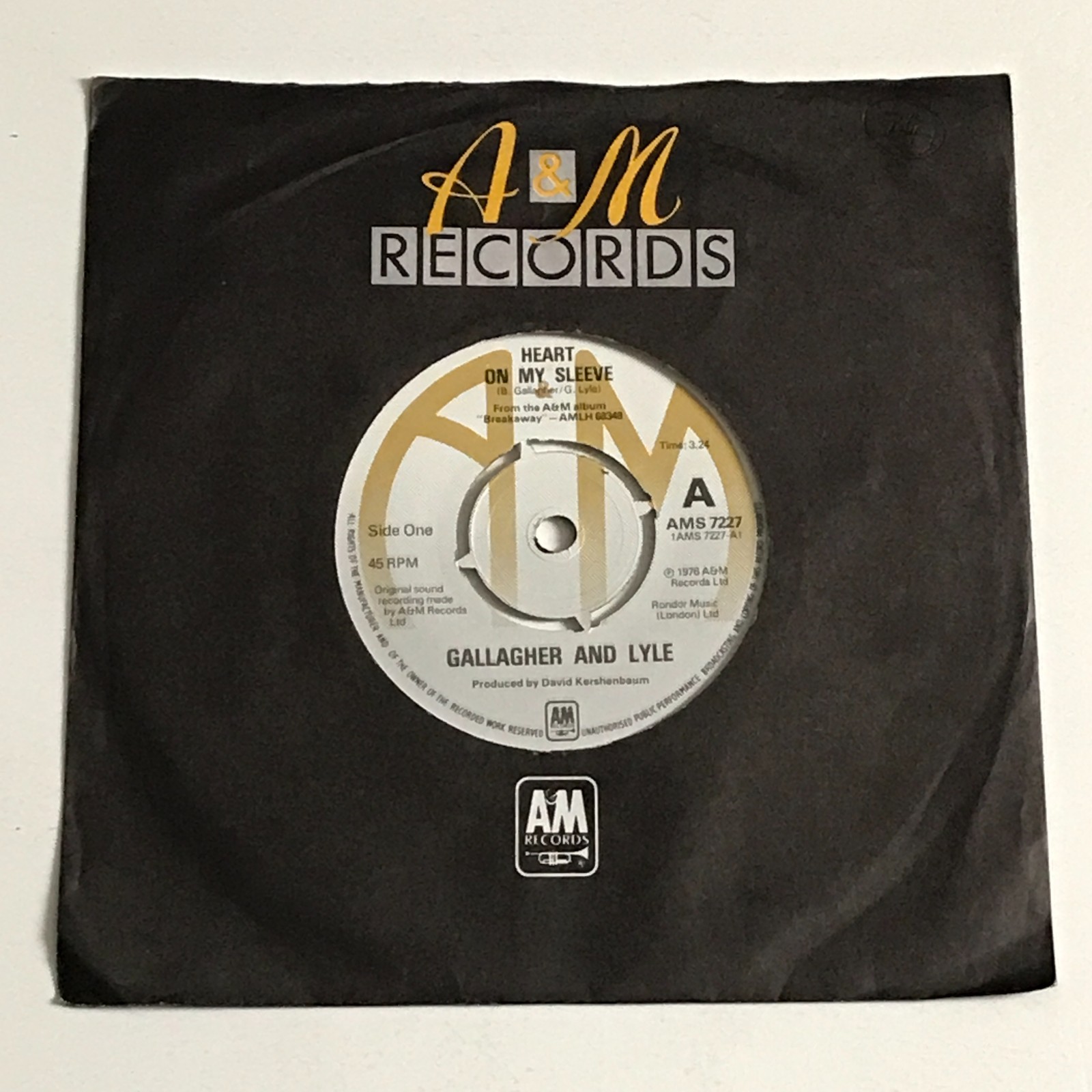 Gallagher & Lyle - Heart On My Sleeve 7" Vinyl Record - AMS 7227 VG+/EX