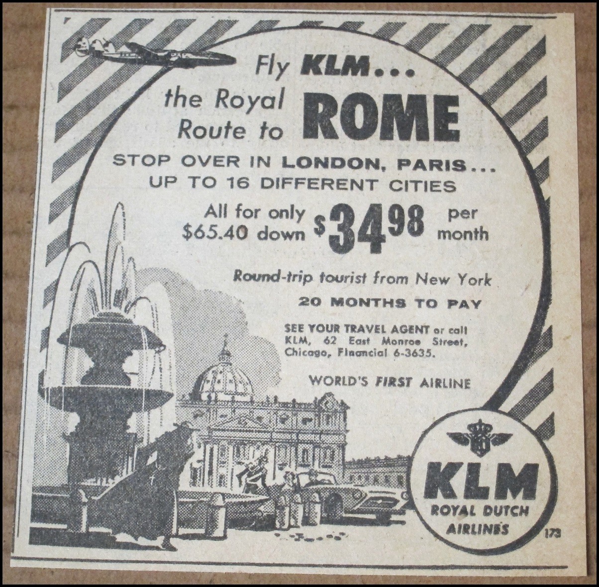1956 KLM Royal Dutch Airlines Print Ad Clipping 3.75"x4" Vintage Advertisement